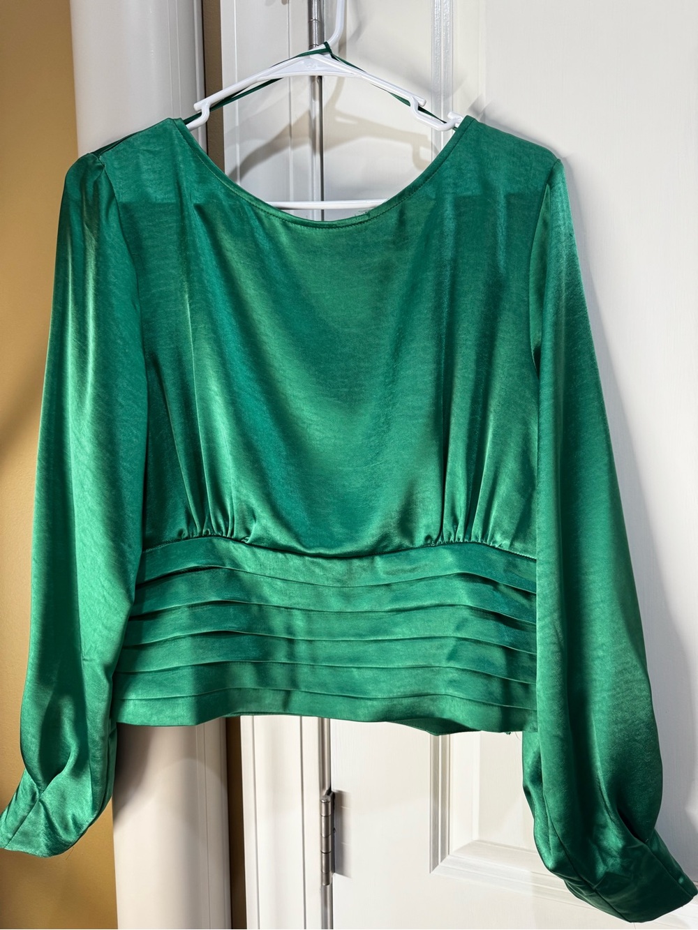 Satin Emerald Green Long-Sleeve Peplum Blouse